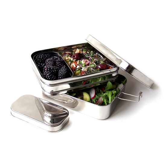 RVS lunchbox met vakjes 3 in 1 Giant met compartimenten met fruit en salade erin